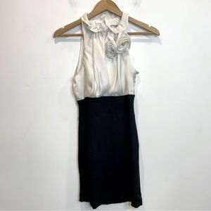 Nikibiki White & Black Satin Sleeveless Mock Neck Floral Sheath Party Dress